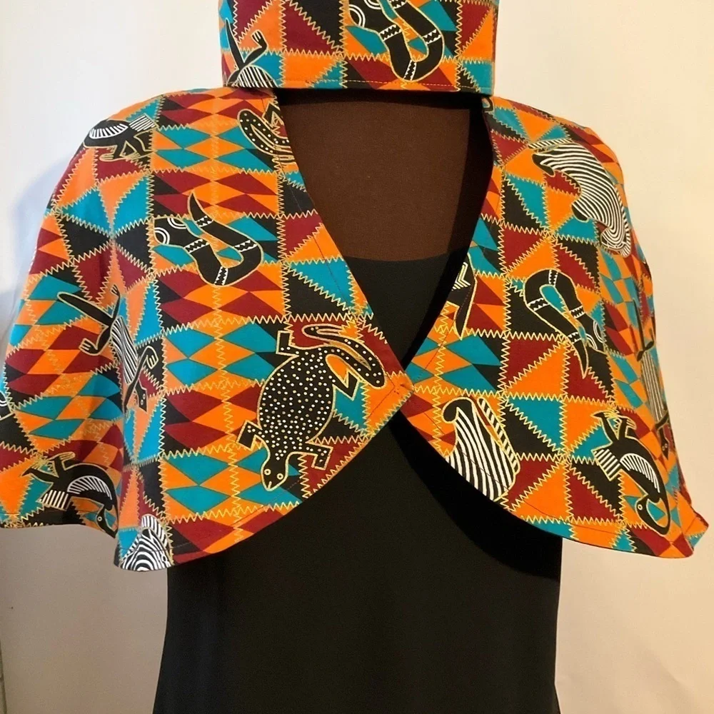 Hand Crafted Ankara African Print Capelet Sz. 16 Burgundy Turquoise Orange Lined